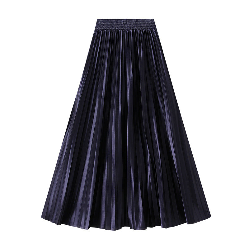 Slimming Spring Glossy Glossy High Waist Pleated A line Slimming Long Skirt Women Skirt