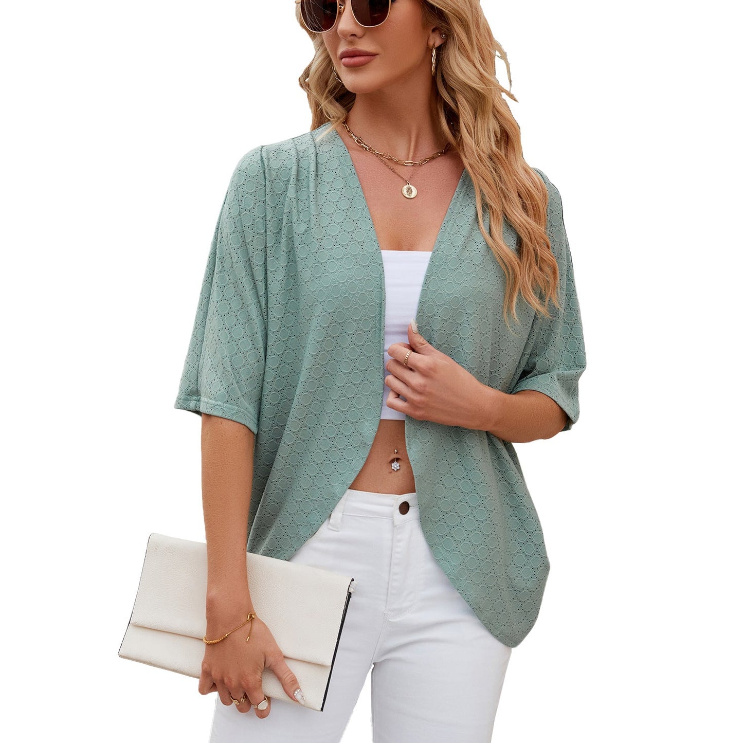 Spring Summer Solid Color Half Sleeves Cardigan Knitted Cardigan Coat Office Cardigan