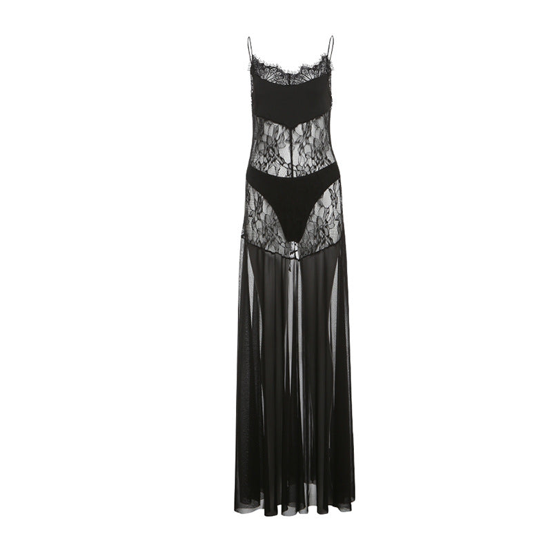 Spring Summer Women Clothing Sexy See through High Waist Slim Strap Dress Two Piece Sets