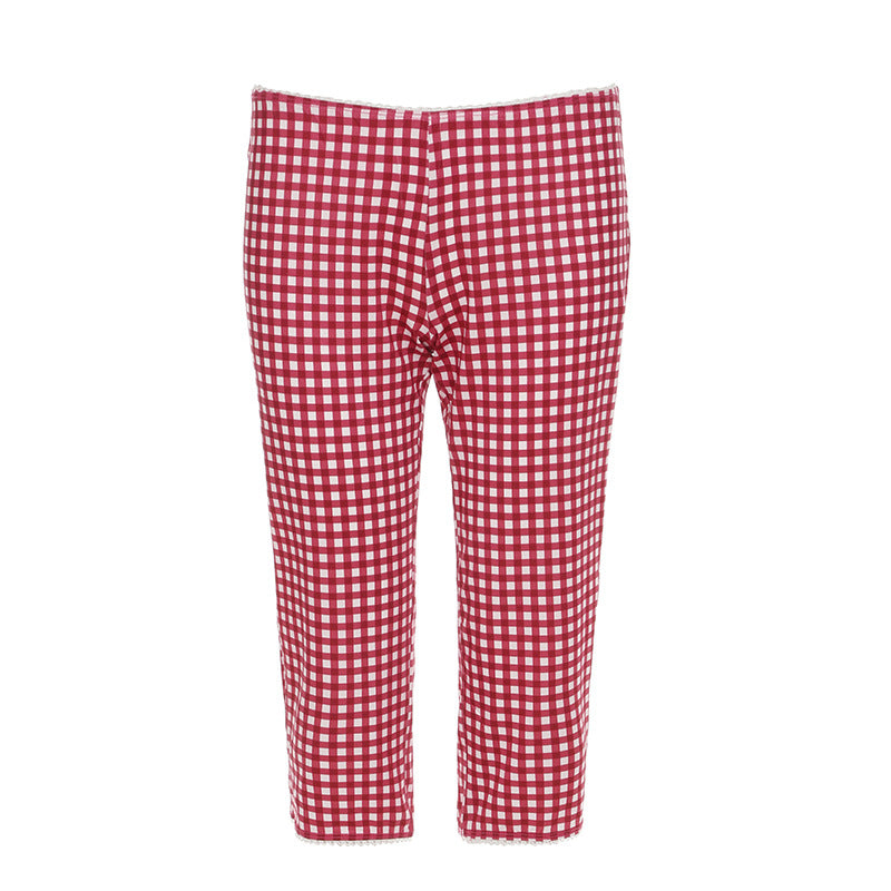 Plaid Drawstring Long Sleeved Top Slim Fit Fifth Pants Middle Pants Sets Pajamas Home Casual Two Piece Sets Women