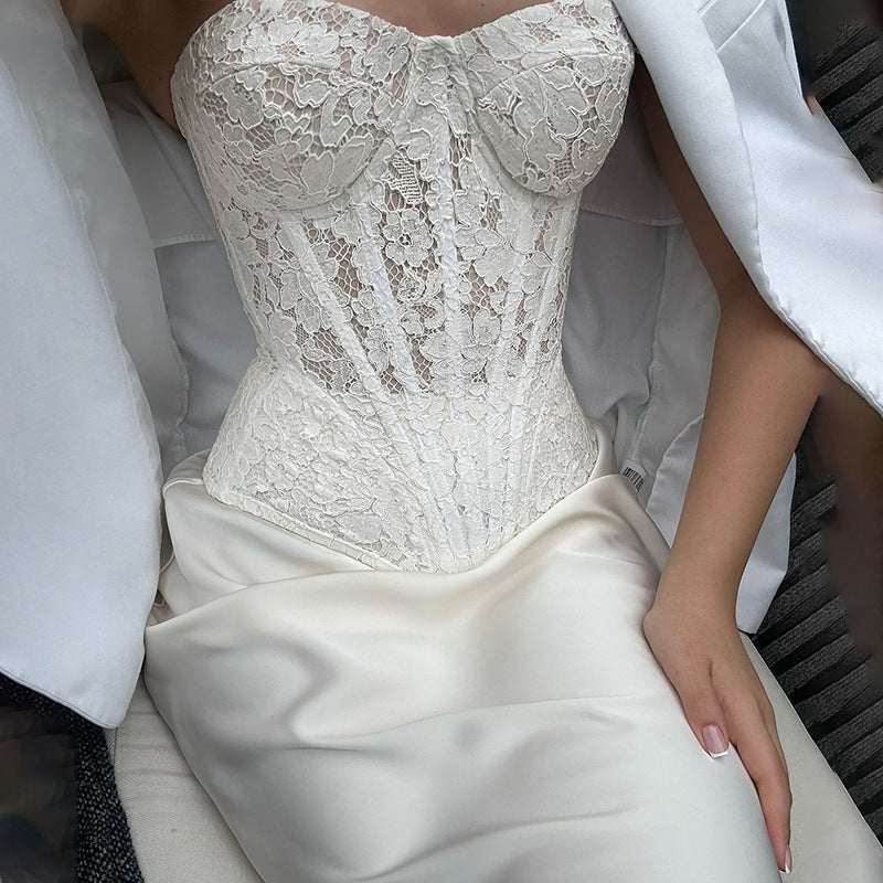 Autumn Winter Women Clothing Lace Tube Top Solid Color Slim Sheath Skirt Set Women