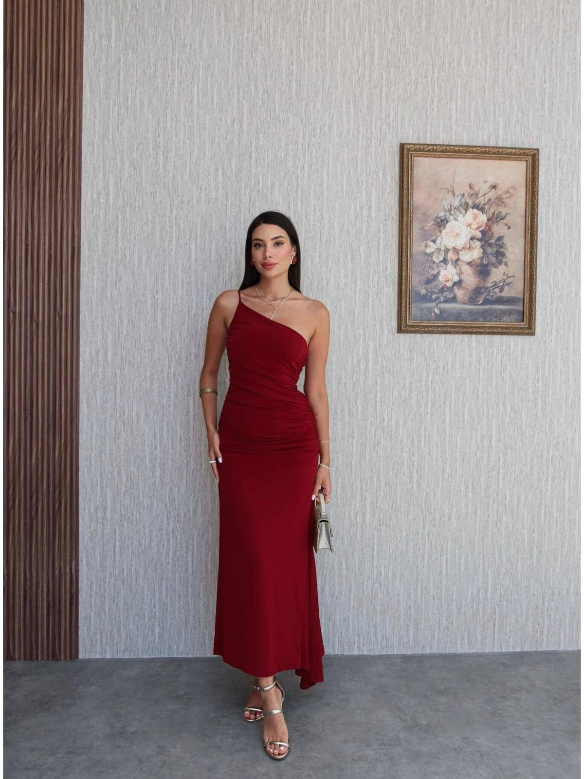 Women Clothing Summer Single Shoulder Sloping Shoulder Pleated Sexy Slim Irregular Asymmetric Dress