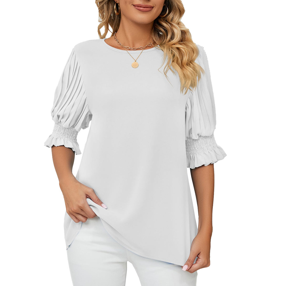 Solid Color round Neck Ruffled Princess Sleeves Loose Chiffon Blouses Women
