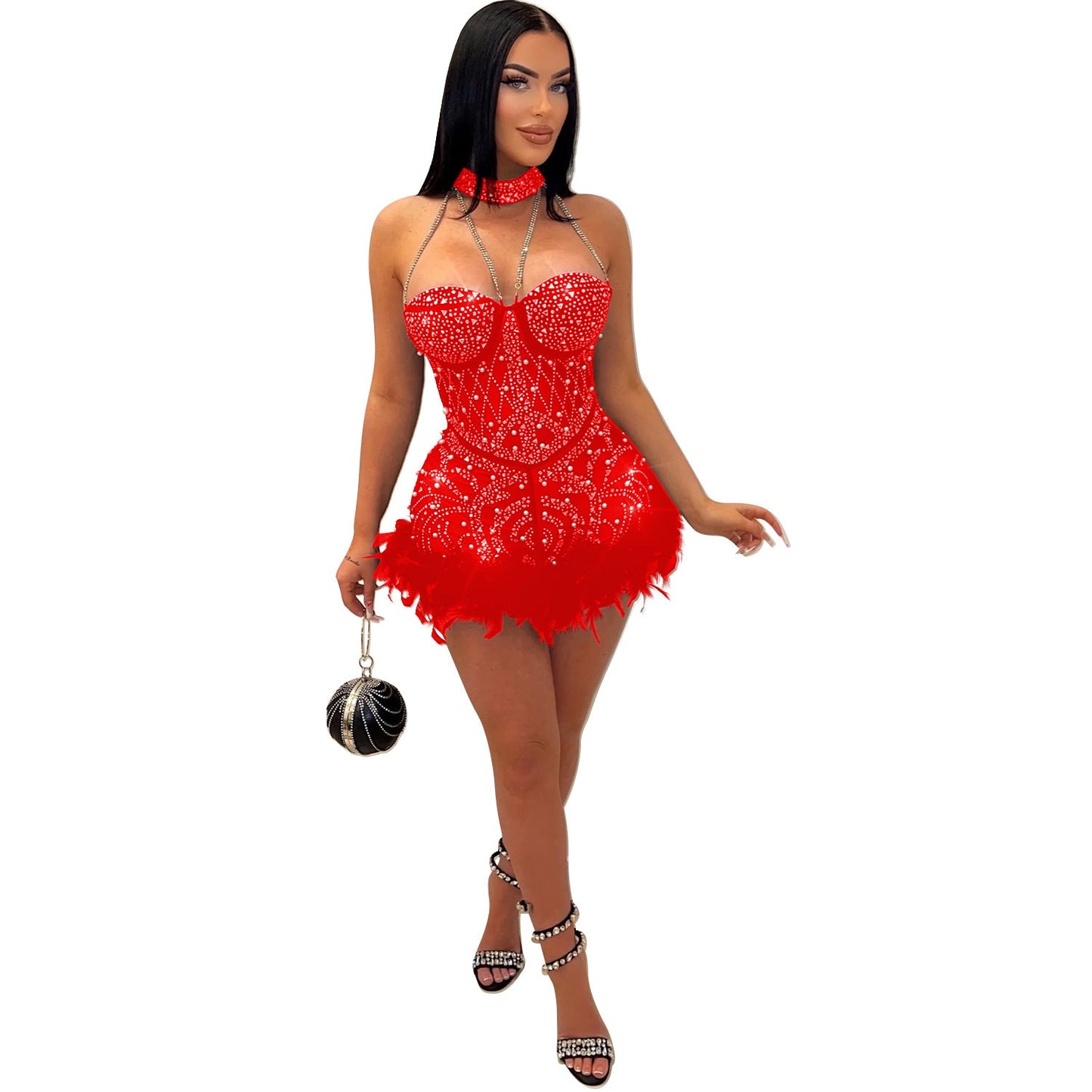 Autumn Winter Women Clothing Rhinestone Beaded Sexy Mesh See through Nightclub Jumpsuit Feather