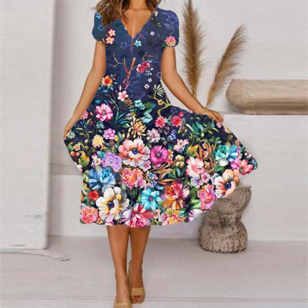 V Neck Bohemian Print Short Sleeve Dress - Flowy Casual Summer Dress with Elastic Waist