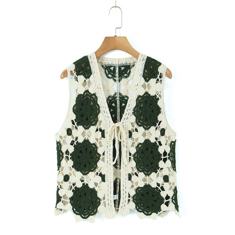 Spring Arrival Contrast Color Crocheted Top Comfort Casual Women Clothing Hong Kong Retro Hollow Out Cutout Design Vest