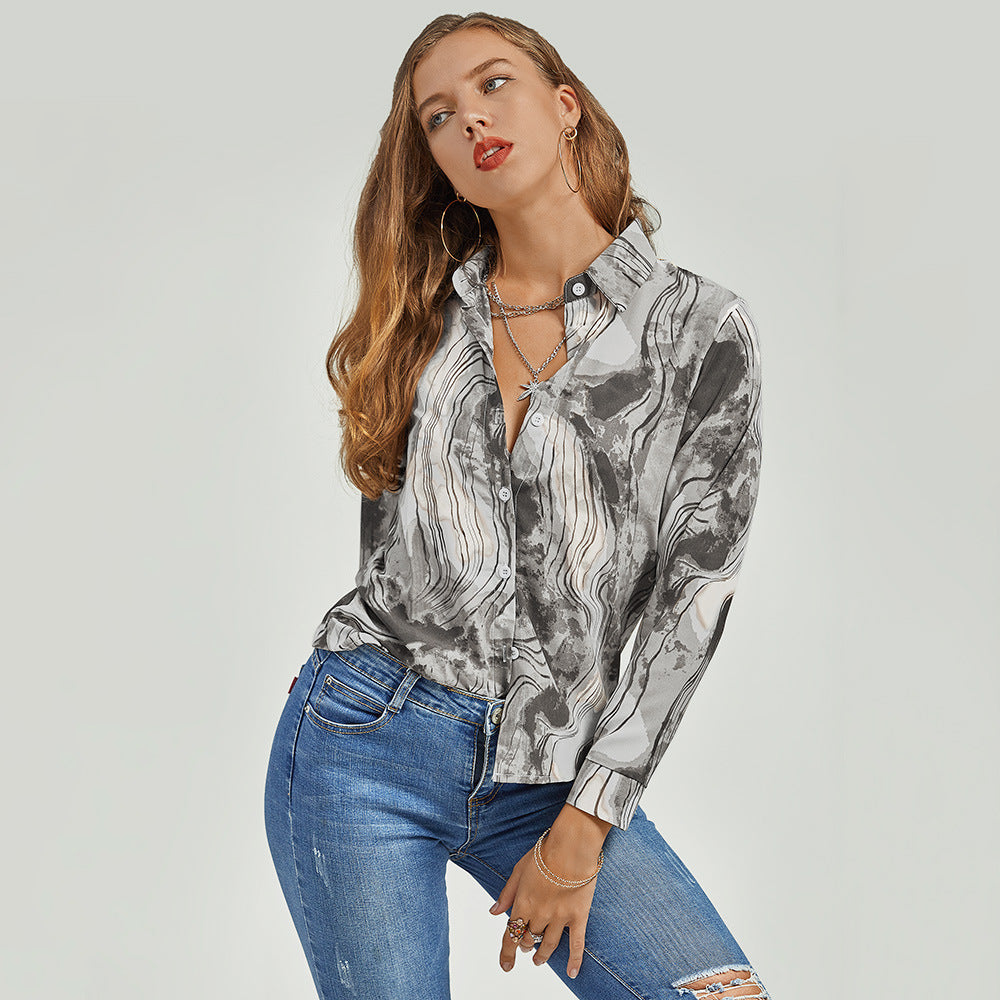 Polo Collar Ink Printing Single-Breasted Elegant Artistic Long Sleeve Shirt Women Autumn Winter