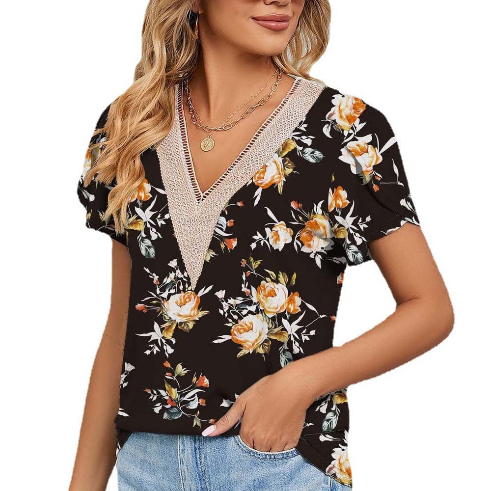 Spring Summer Golden Lace V Neck Petal Short Sleeve Floral T Shirt Top