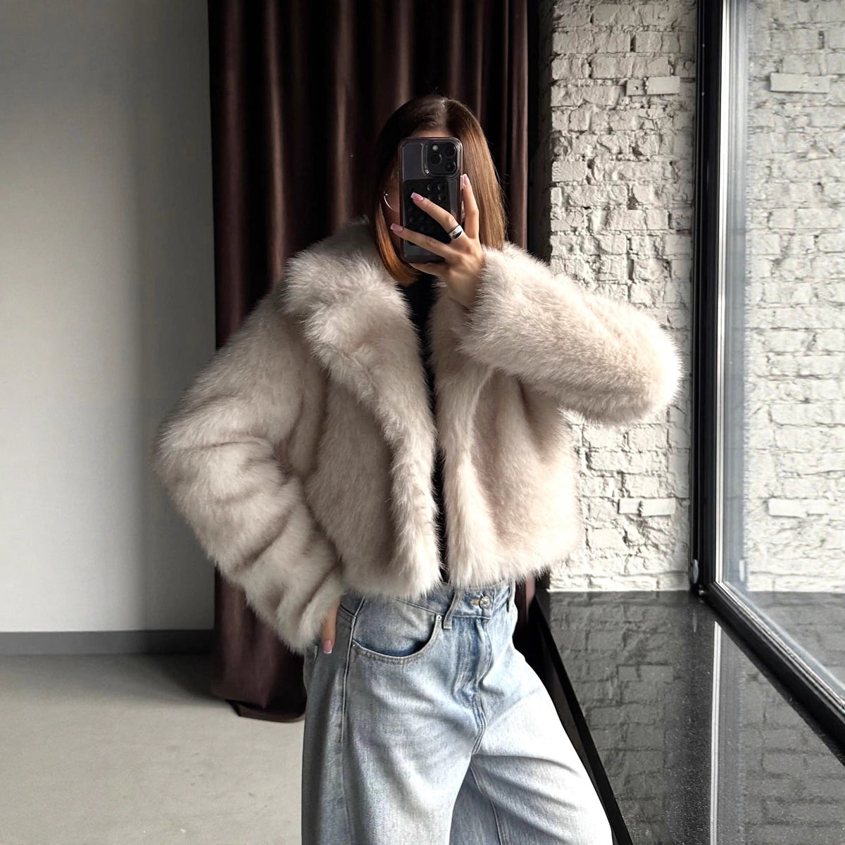 Autumn Winter Faux Fur Jacket Suit Collar Baggy Coat Short Furry Women Environmental Protection Fur Coat