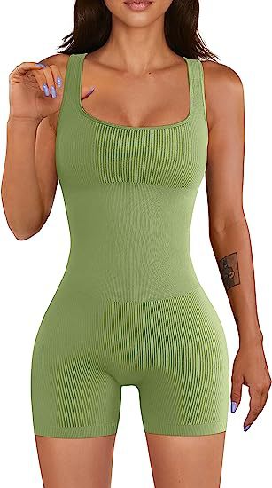 Women Yoga Jumpsuit Workout Ribbed Square Collar Sleeveless Sports Jumpsuit