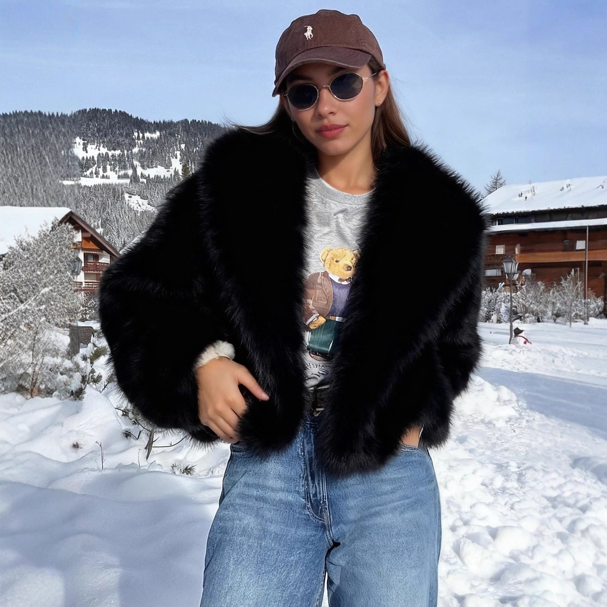 Autumn Winter Women Clothing Idle Collared Thickening Faux Fur Effect Plush Environmental Protection Fur Overcoat Coat