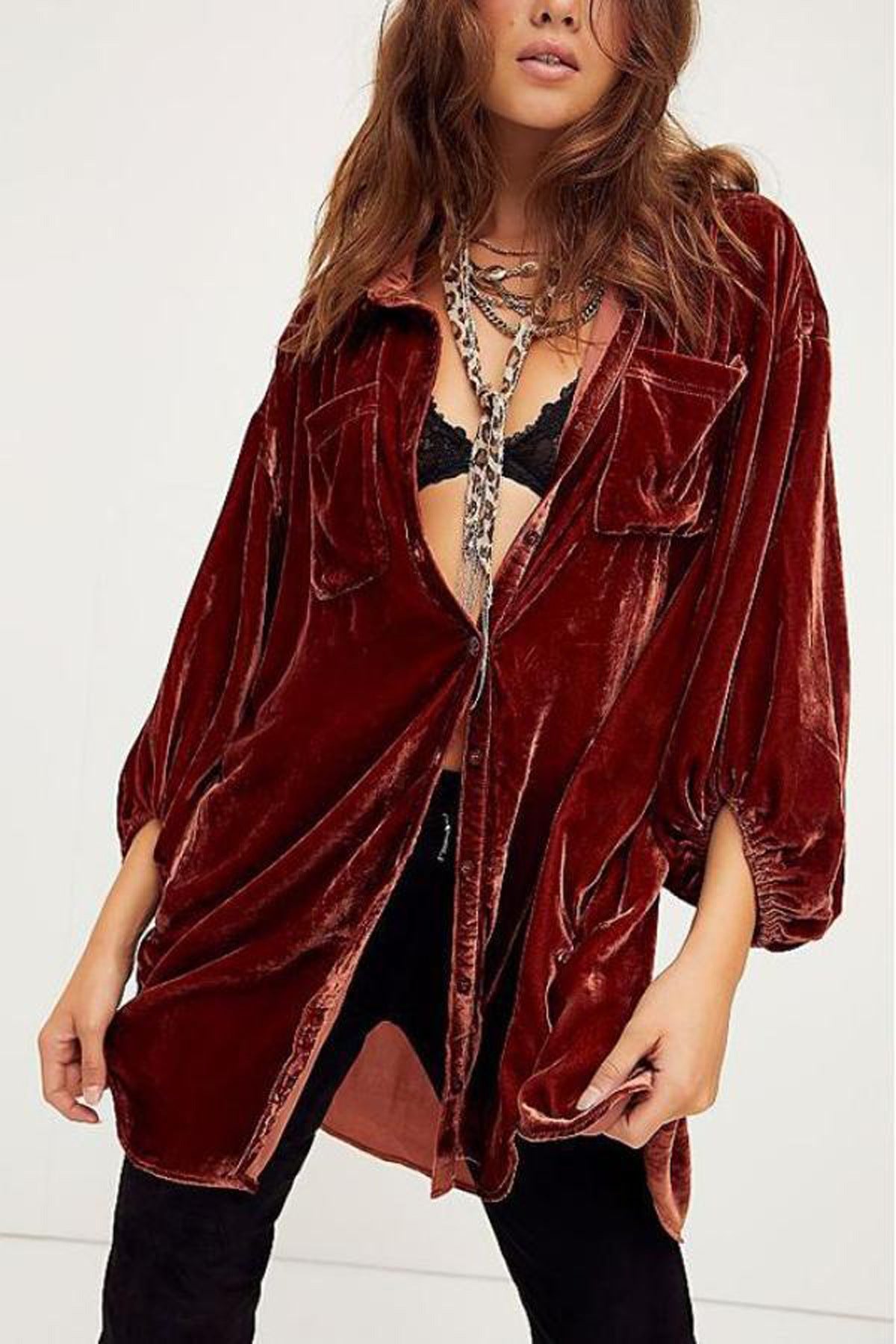 Autumn Winter Pleuche New Loose Lantern Sleeve Long Shirt Top