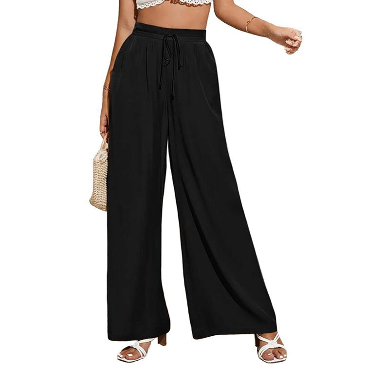 Summer Women High Waist Casual Trousers Solid Color Elastic Waist Lace-up Loose Wide-Leg Pants Women