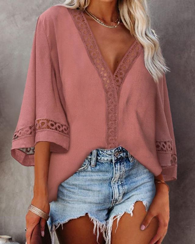 Summer V neck Hollow Out Cutout Lace Shirt