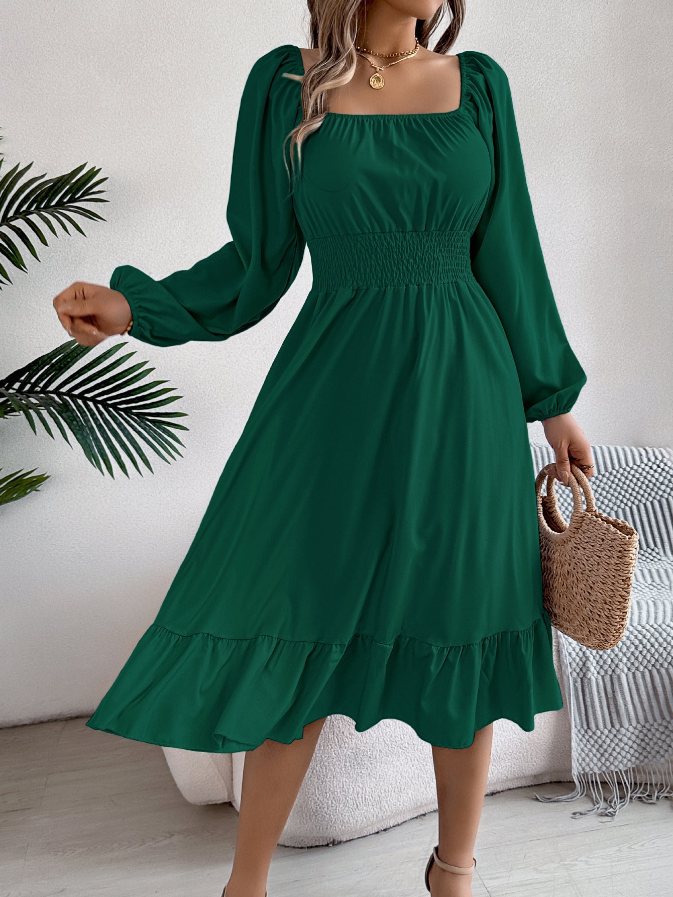Spring Summer Casual Solid Color Square Collar Long Sleeve Waist Trimming Ruffles A line Dress Women Clothing