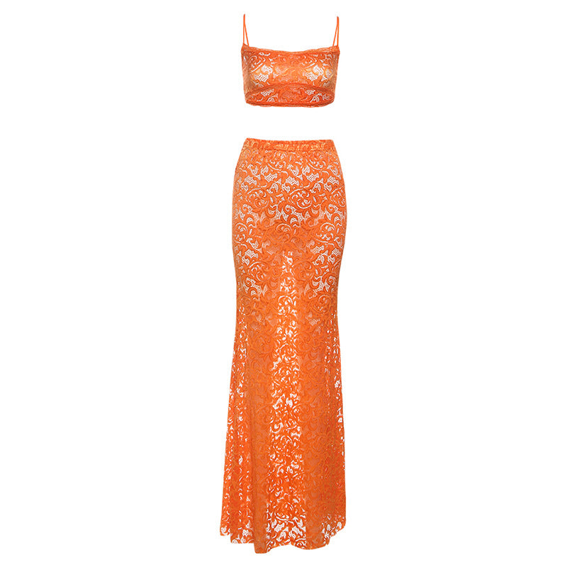 Summer Sexy Cutout Strap Top Solid Color High Waist Skirt Lace Two Piece Sets