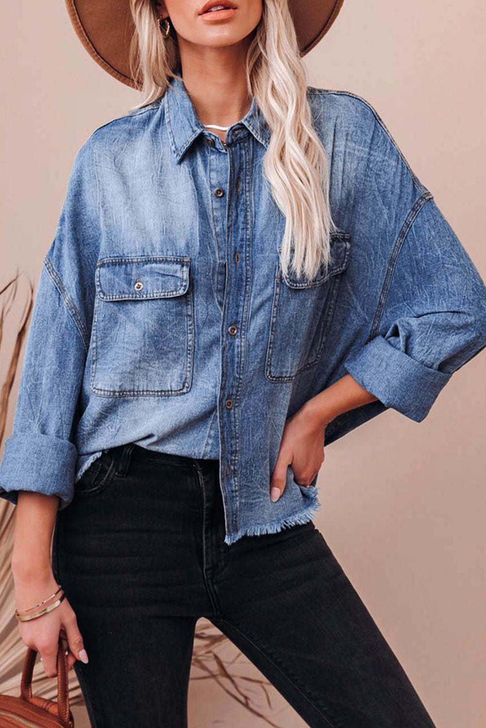 Women Clothing Spring Retro Loose Denim Shirt Drop Shoulder Blue Large Pocket Shirt