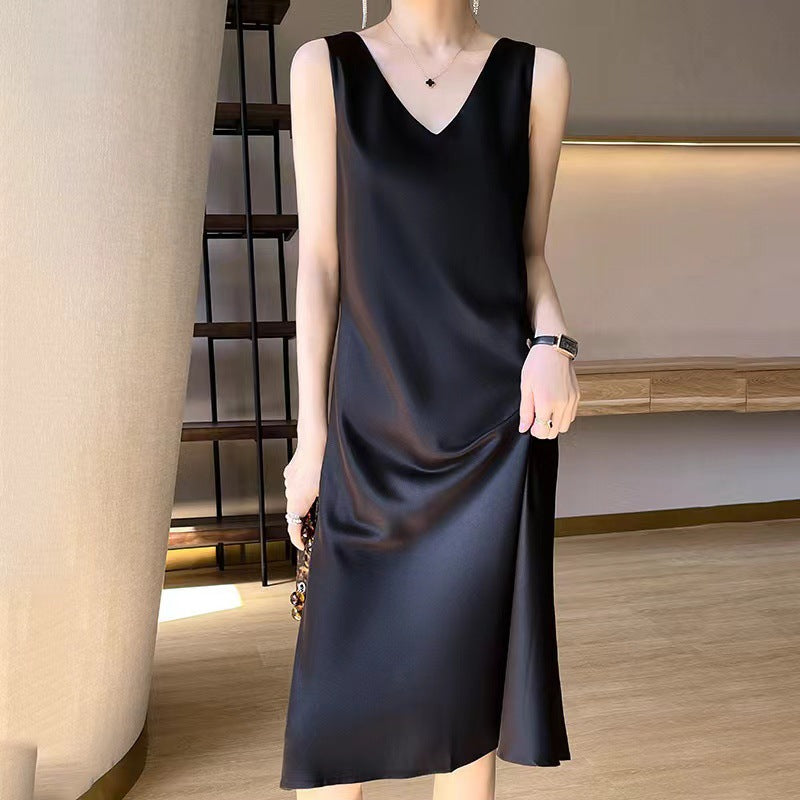 Sleeveless Dress Women Satin Long below the Knee Summer Inner Wear plus Size Solid Color Halter Dress