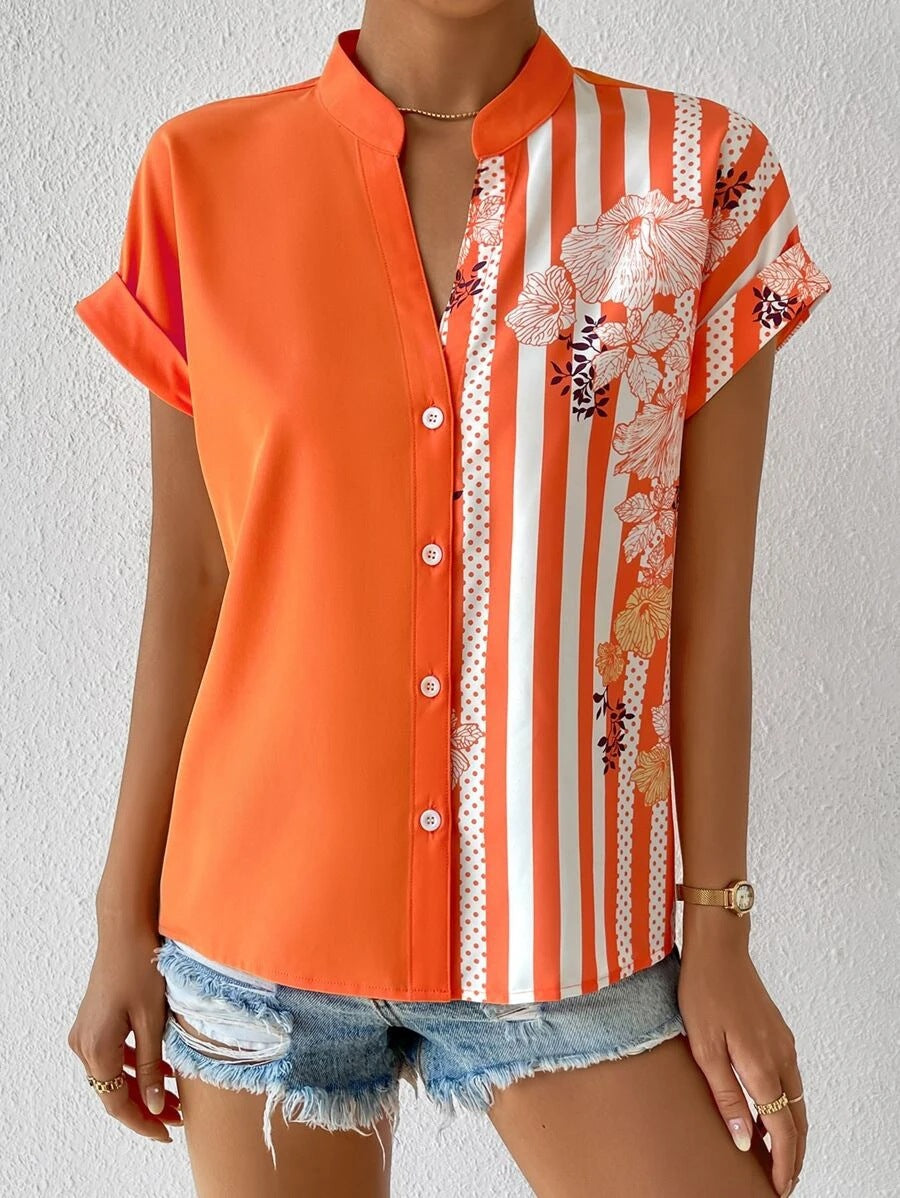 Women Clothing Summer Double Matching Contrast Color Floral Button Cardigan Short Sleeve Shirt Women
