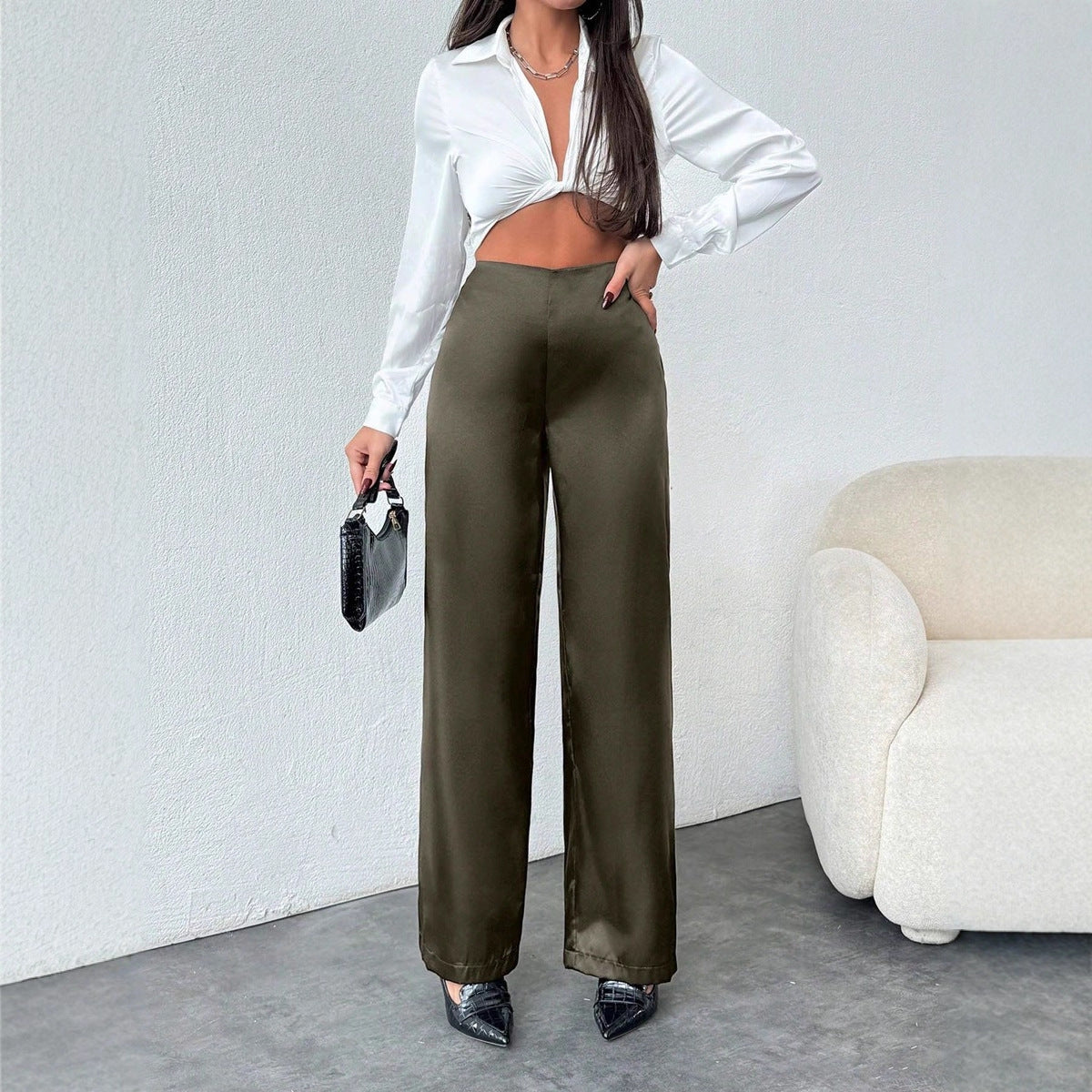 Women Clothing Autumn Satin Casual Pants Loose Black Satin Wide Leg Pants