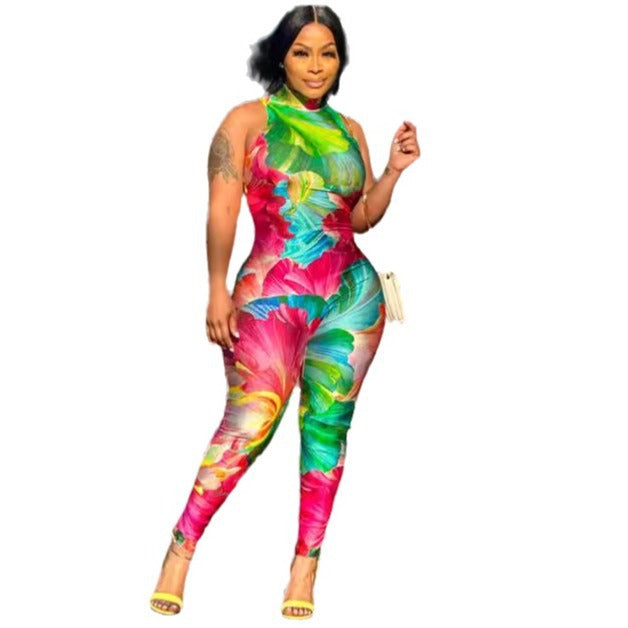 Printed Stretch Slim Sleeveless Tight Jumpsuit