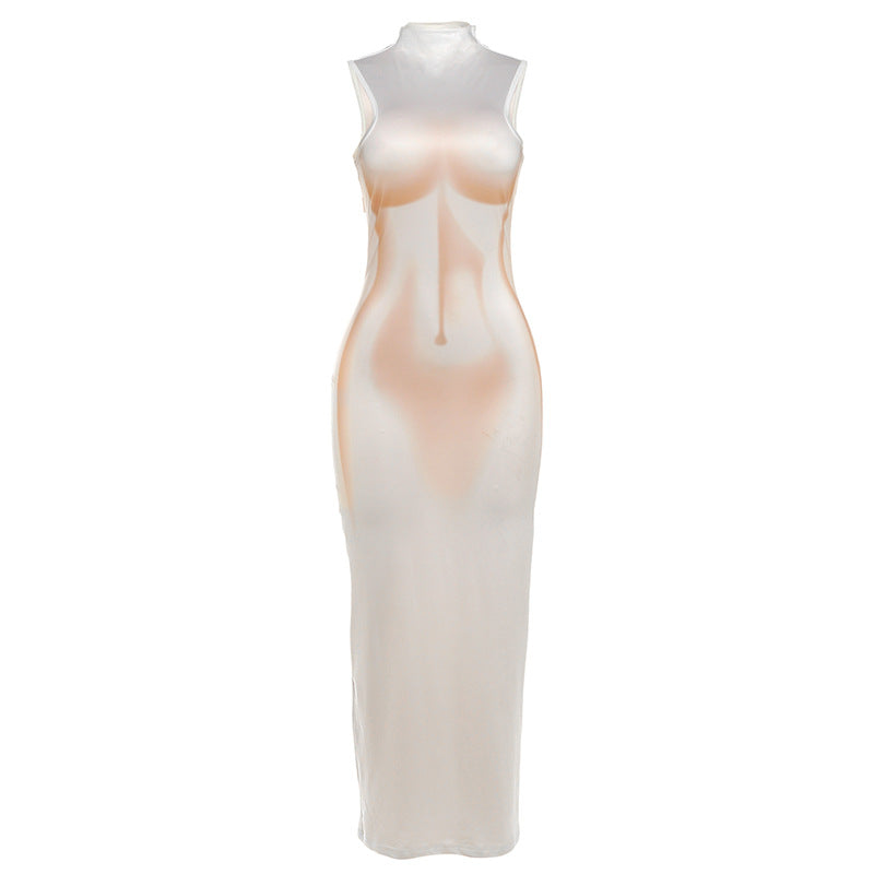 Autumn Winter Women Clothing Sexy Slim Crew Neck Personality Body Print Sleeveless Dress