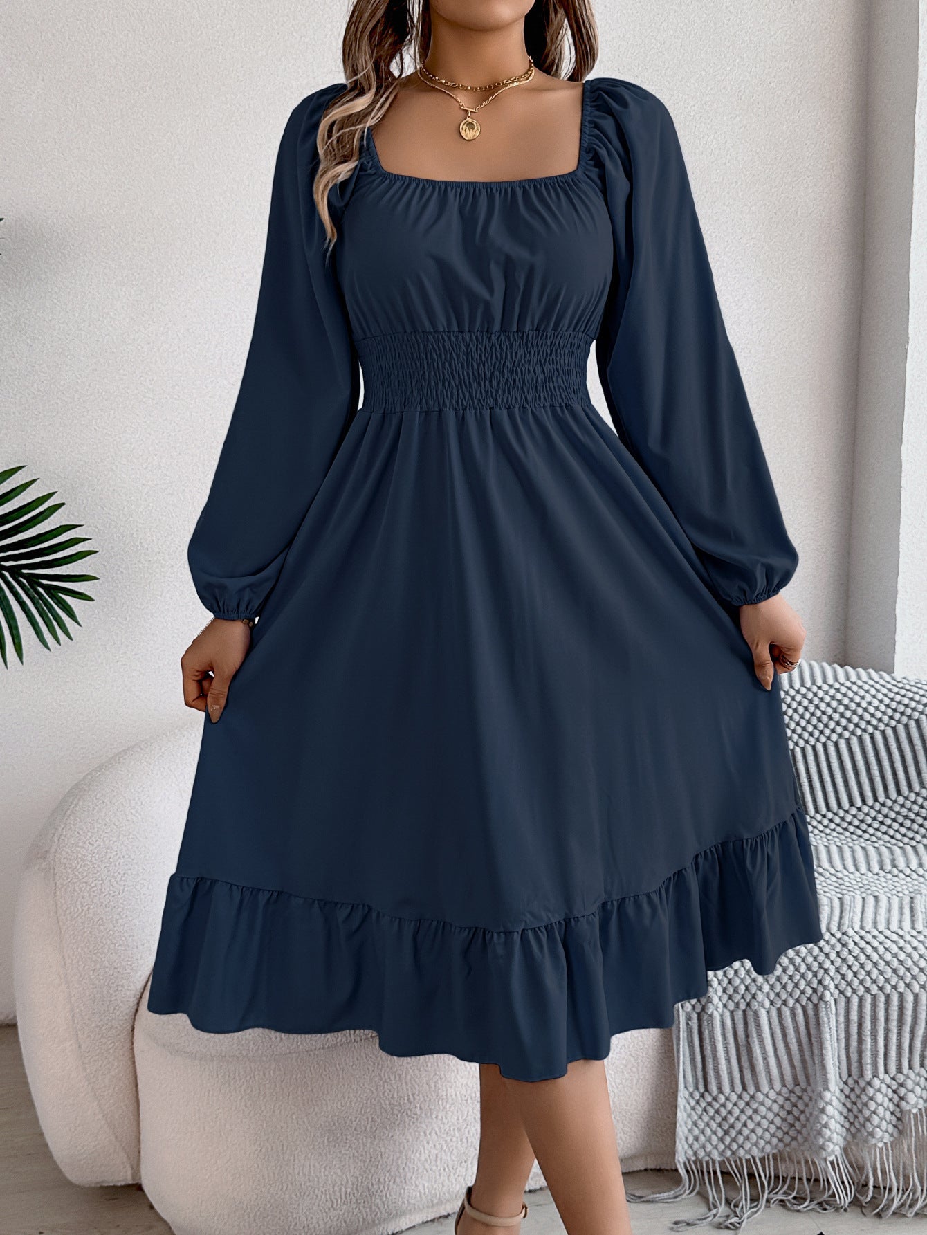 Spring Summer Casual Solid Color Square Collar Long Sleeve Waist Trimming Ruffles A line Dress Women Clothing