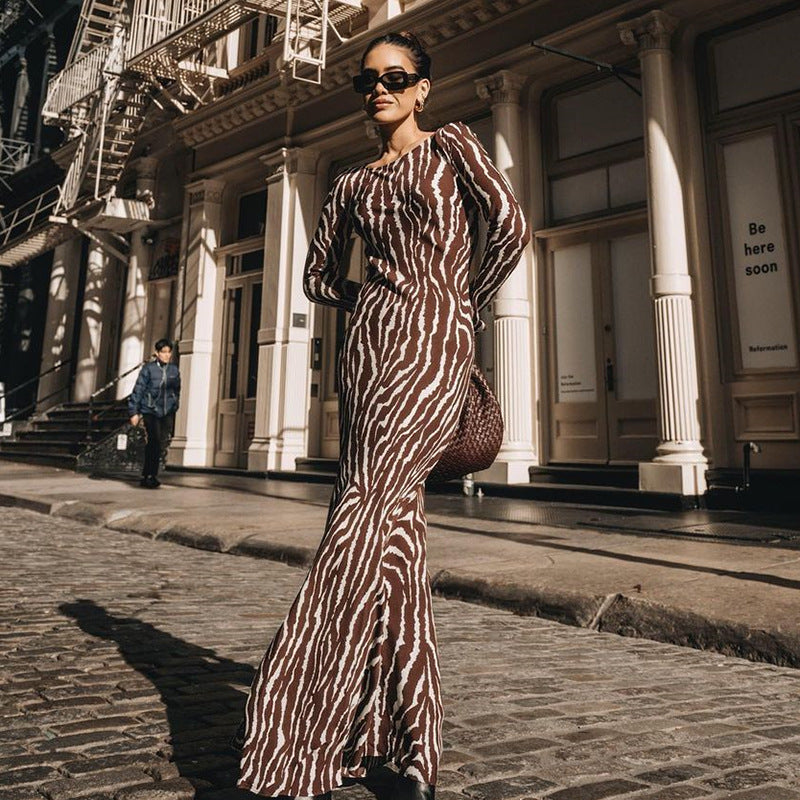 Bohemian See through Dress Casual round Neck Long Sleeve Printed Dress for Women Autumn Winter