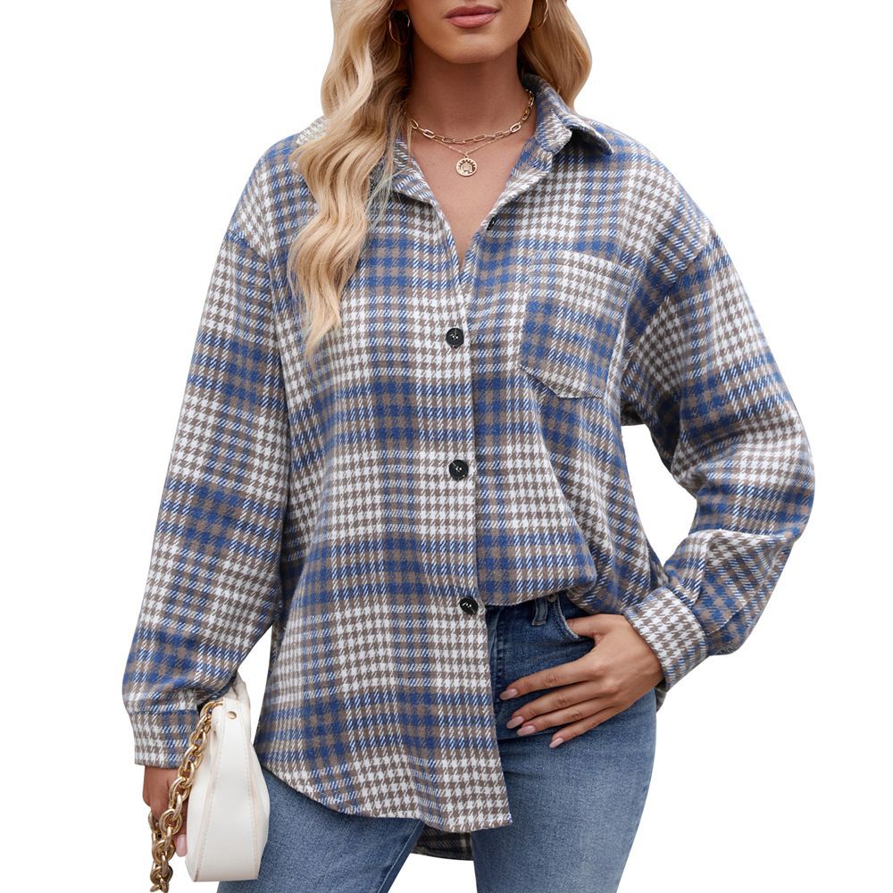 Autumn Winter Women Houndstooth Design Button Flannel Woolen Shirt