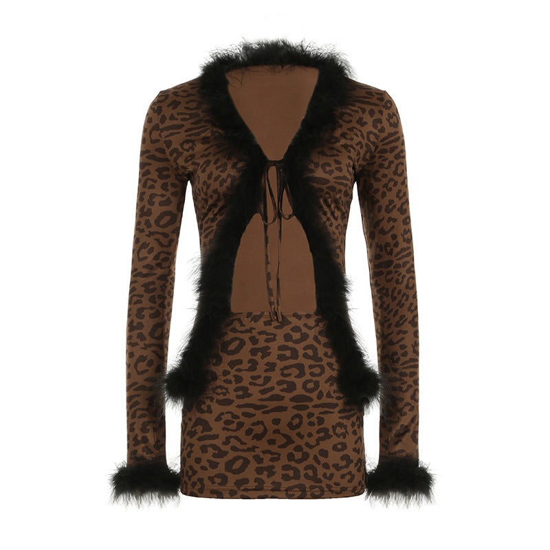 Sexy Furry Stitching Tied Cardigan Long Sleeved Top Leopard Print Skirt Set Two Piece Set