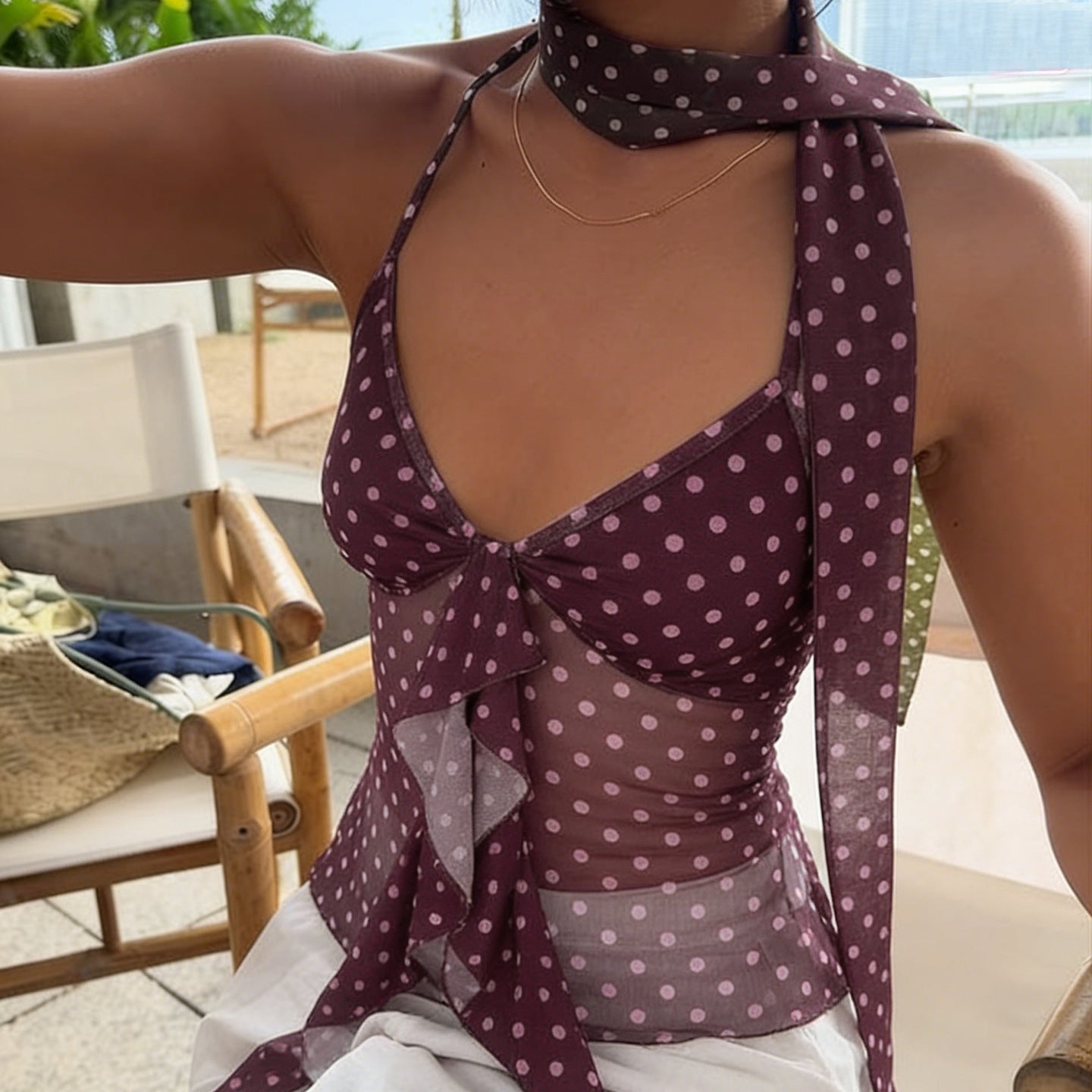 Retro Dots Wooden Ear Swing Halter Lace up Camisole Mesh Stitching Scarf Sleeveless Top