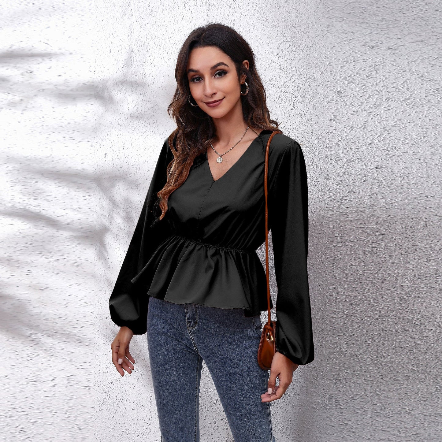Popular Real Shot Lantern Sleeve Chiffon Shirt Solid Color Waist Tight V Neck Long Sleeve Women Top