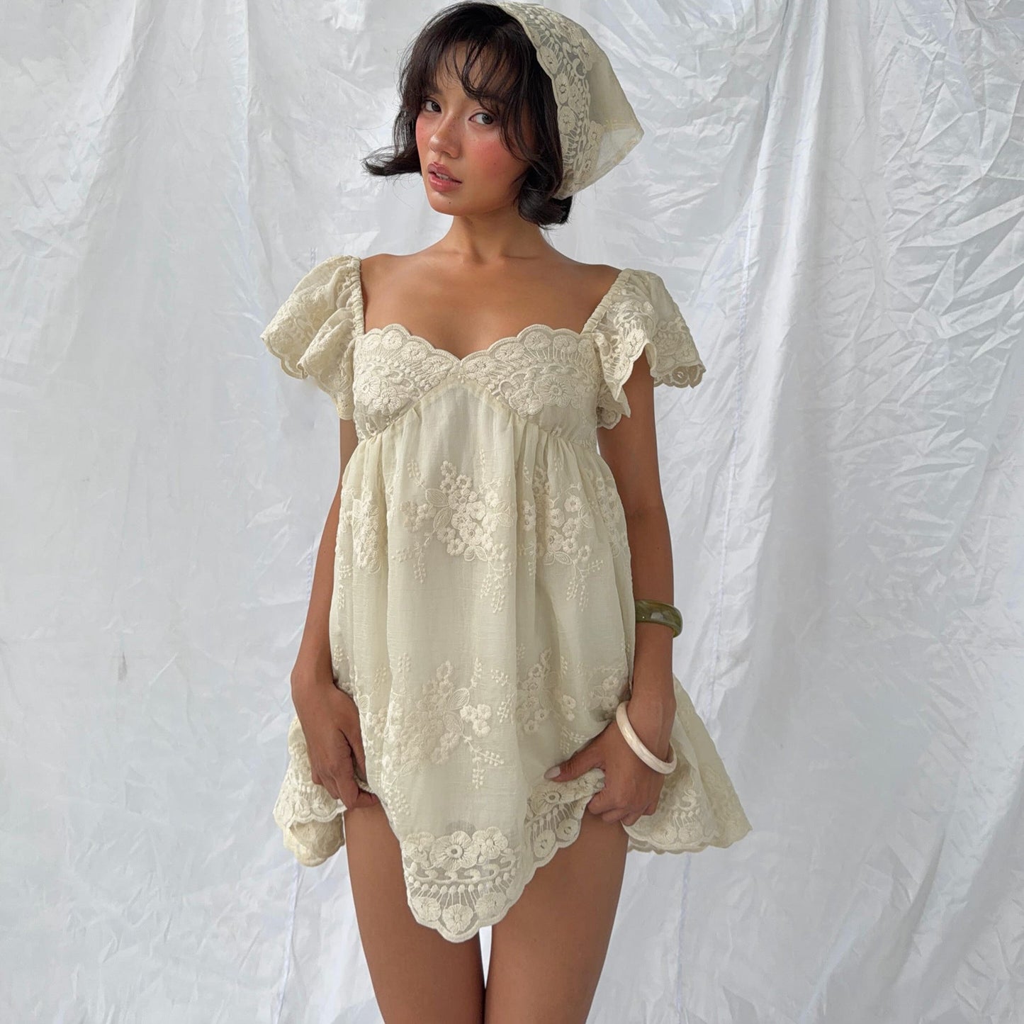 Women Clothing Summer Lace Embroidered Loose Puff Sleeves Sweet Elegance Dress
