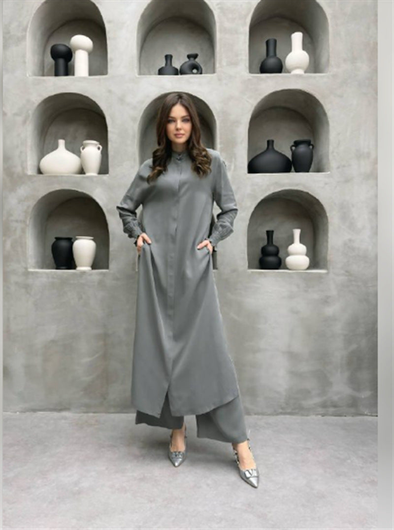 Women Clothing Multi Button Long Sleeve Split Stand Collar Shirt Casual Straight Pants Two Piece Set