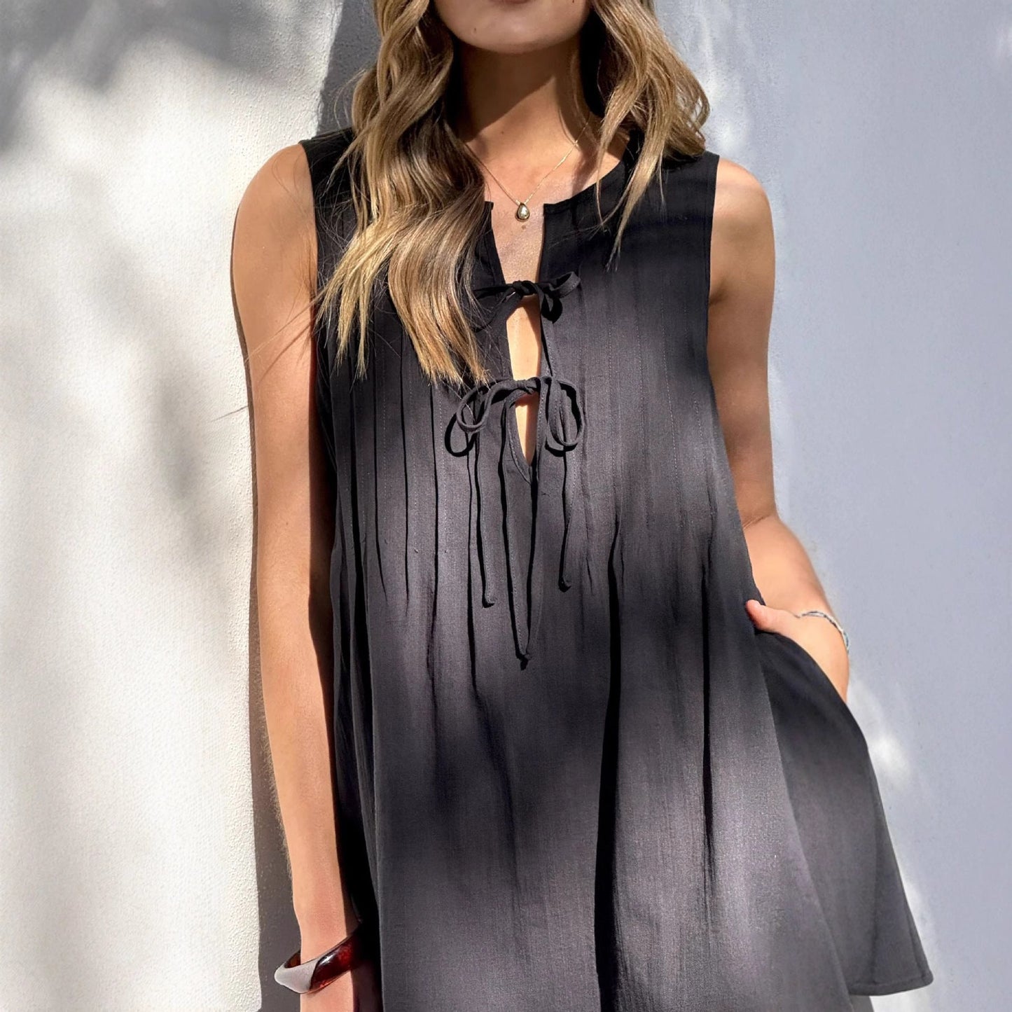 Summer Women Clothing Chest Strap Stripes Stitching Sleeveless Short Dress