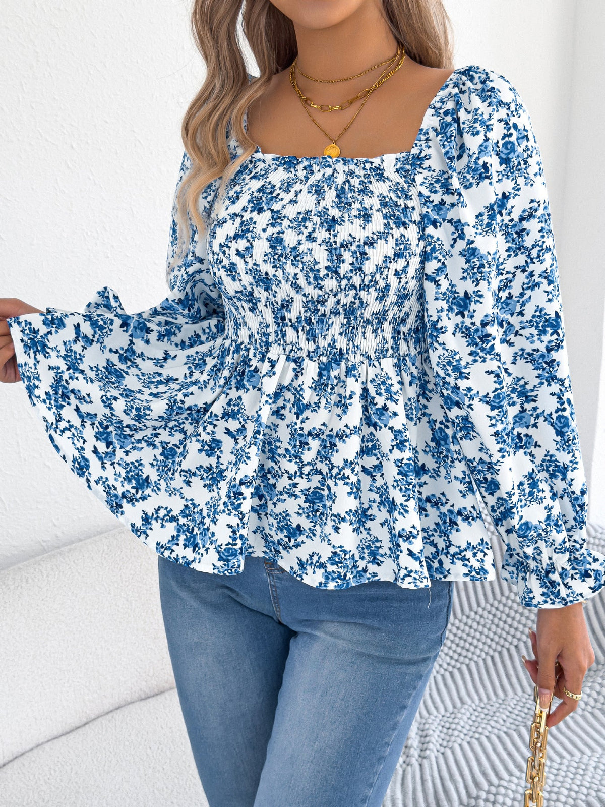 Spring Summer Casual Square Collar Bell Sleeve Floral Chiffon Shirt Holiday Top Women Clothing