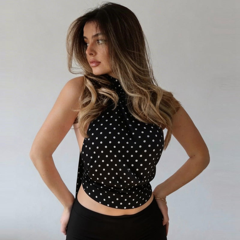 Women Clothing Summer Personality Polka Dot Pattern Halter Strap Backless Vest