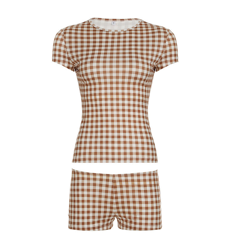 Fashionable Printed Plaid Contrast Color Shoulder round Neck Short Sleeve Shorts Pajamas Pajamas Two Piece Set for Women
