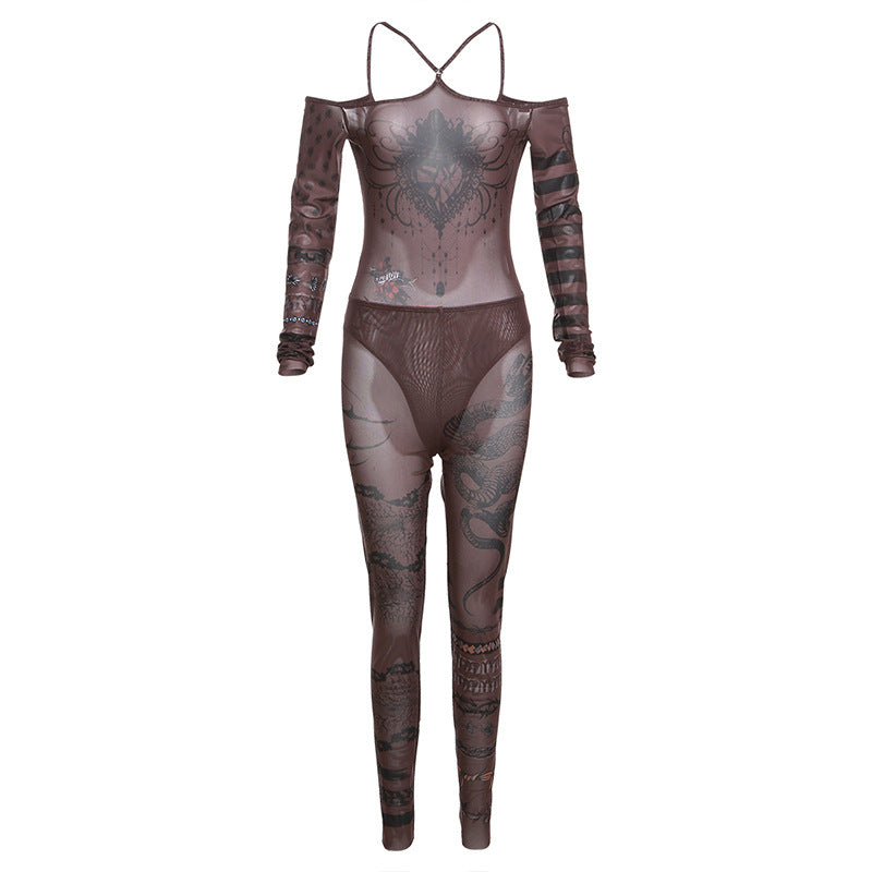 Fall Women Clothing Sexy off the Shoulder Mesh Floral Print Jumpsuit High Waist Trousers Set for Women
