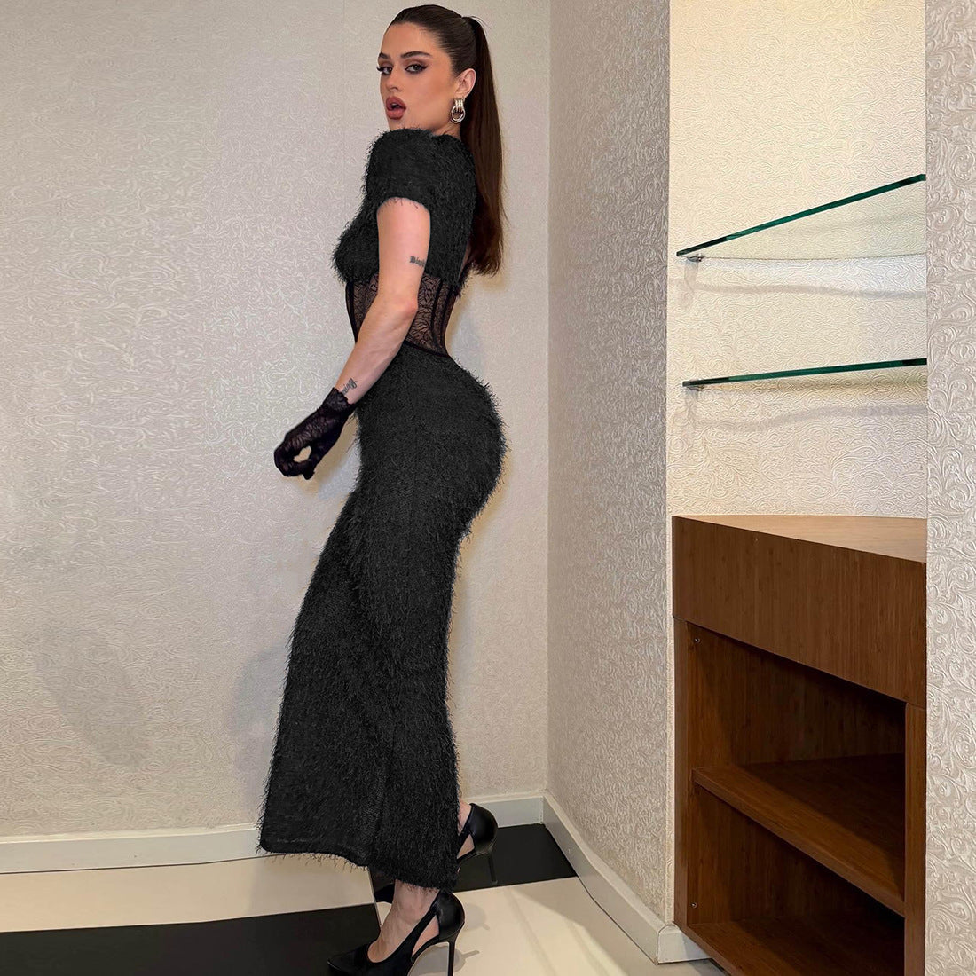Women Clothing Sexy round Neck Slim Fit Slimming See through Split Short Sleeve Elegant Dress