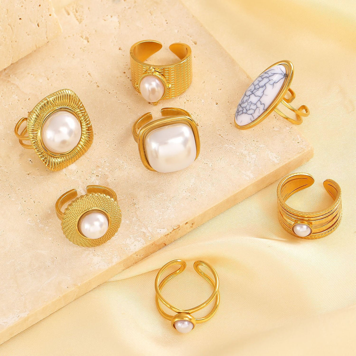 Adjustable Open Stainless Steel Pearl Ring, 18K Gold Plated Oval Baroque Ring