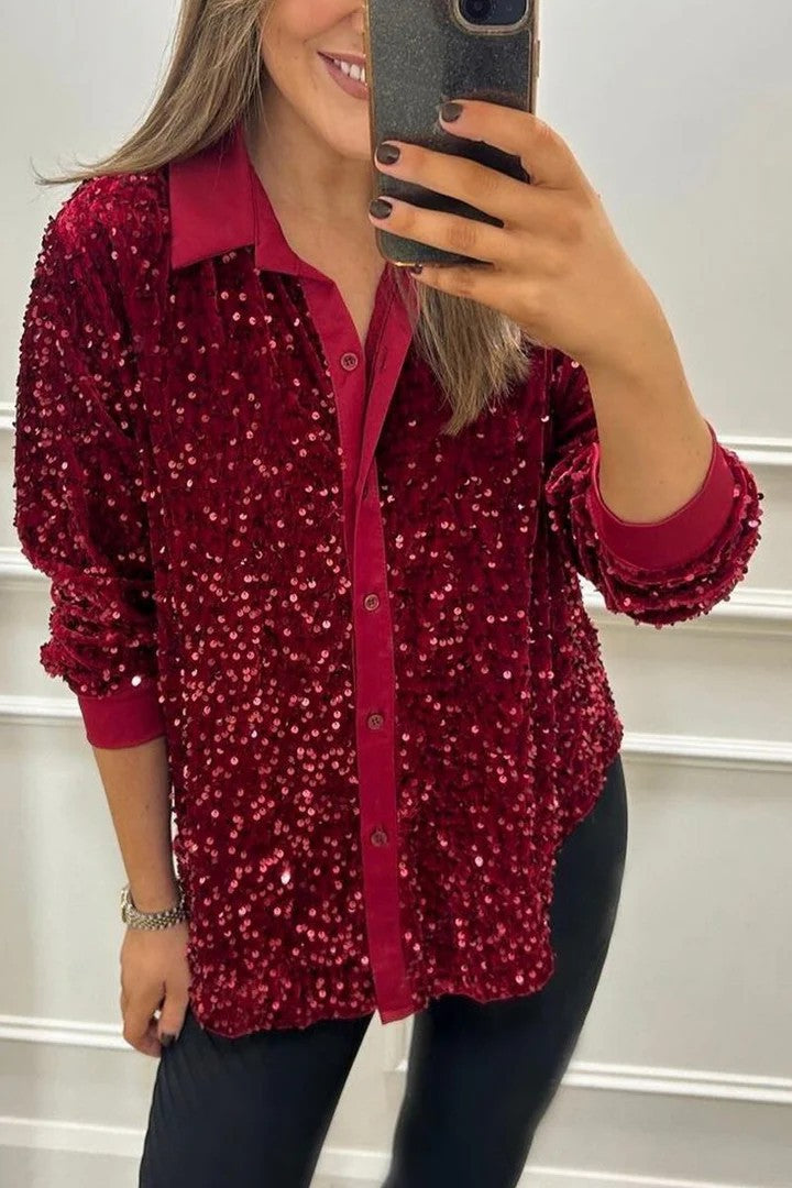Autumn Winter Long Sleeve Loose Casual Sequin Shirt