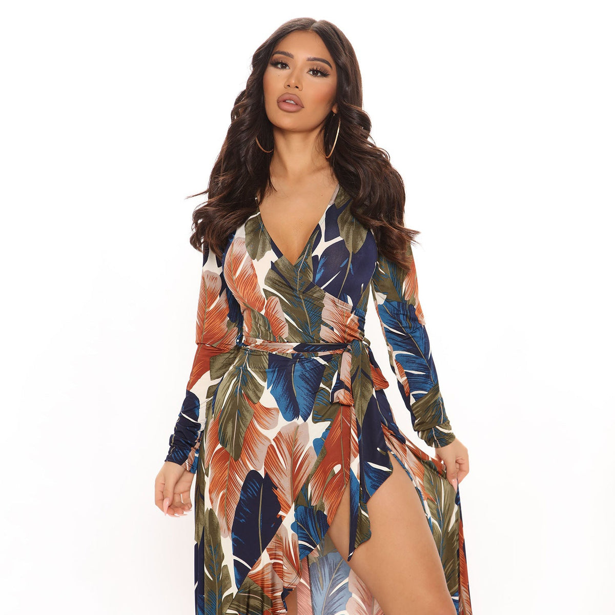 Women Clothing Sexy V-neck Split Irregular Asymmetric Long Sleeve Dress