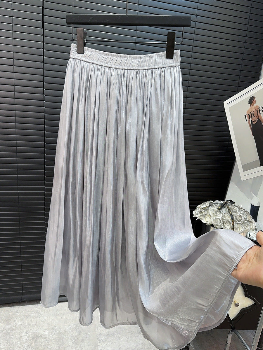 High Grade Glossy Pearlescent Chiffon Pleated Skirt Retro Fashionable Pleated Drooping Slimming High Waist A line Skirt