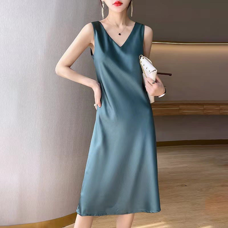 Sleeveless Dress Women Satin Long below the Knee Summer Inner Wear plus Size Solid Color Halter Dress