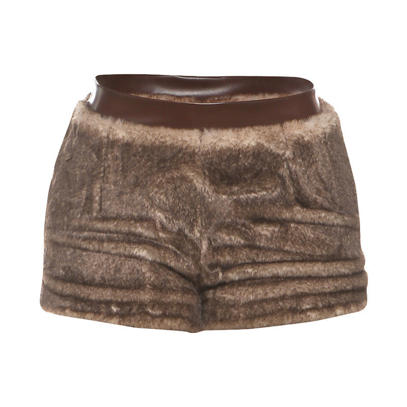 Women Clothing Autumn Winter Sexy Faux Leather Stitching Furry Zipper Slim Fit Shorts Women