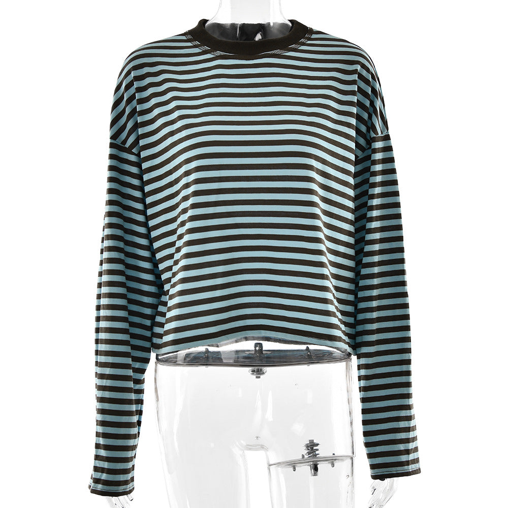 Arrival Long Sleeved Striped T shirt Casual Contrast Color Slim round Neck Top