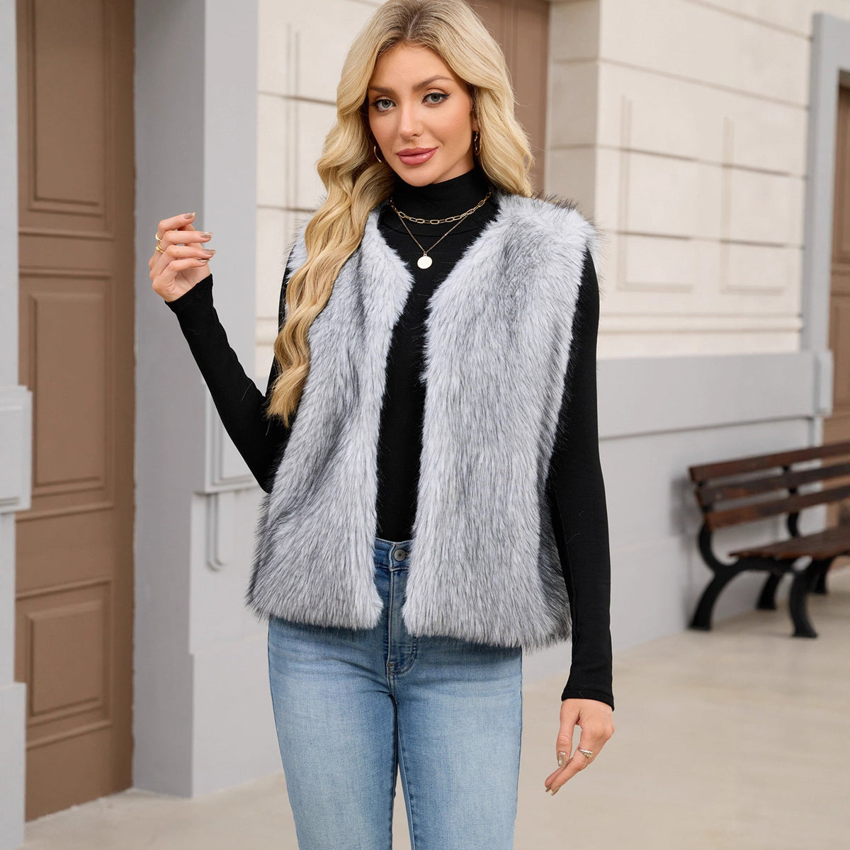Women Clothing Faux Fur V neck Vest Coat Sleeveless Vest