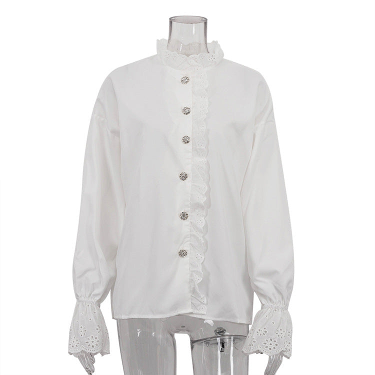 Stand Collar Diamond Ruffled Shirt Women Western All Matching White Shirt Top