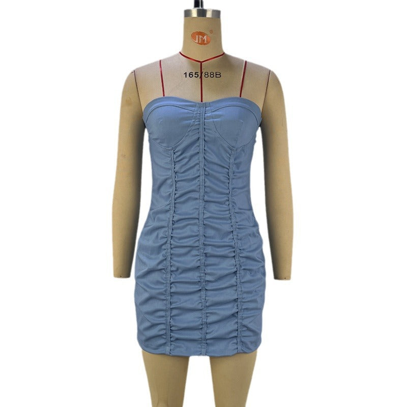 Women Clothing Solid Color Tubo Top Waist Ruffle Hip Dress Women